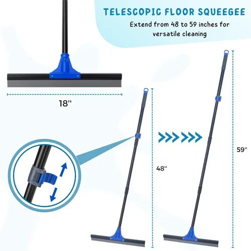 Vista 3 de Escurridor de Piso con Mango Telescópico Largo de 59'', Escoba de Goma Resistente de 18" para Hormigón, Azulejos de Baño, Garaje, Terraza
