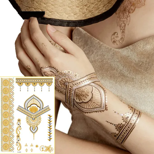 Vista 4 de 6 hojas de tatuajes temporales de henna dorada para mujeres y niñas, calcomanías de tatuaje falso de encaje, misterio sexy, mandala, flor, diseño
