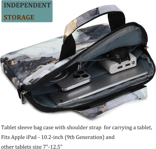 Vista 3 de JIANYA Bolsa de transporte para tableta para niños con correa para el hombro, 10-12.5 pulgadas, mármol cian