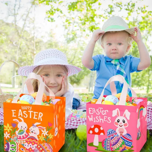 Vista 6 de SULOLI Bolsas de regalo de Pascua, bolsas de compras no tejidas de Pascua con asas para fiestas de vacaciones (paquete de 8), Verde, naranja, rosa