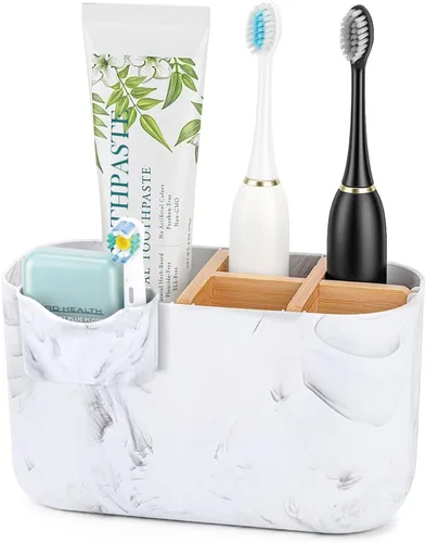 Vista 14 de GFWARE Soporte para cepillos de dientes negro – Portacepillos de dientes de bambú para baños, organizador de cepillos de dientes eléctrico