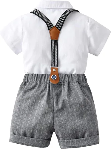 Vista 2 de Conjunto de traje de caballero de manga corta para bebé niño con corbatín + pantalones cortos con tirantes y pantalones cortos para bautizo festivo
