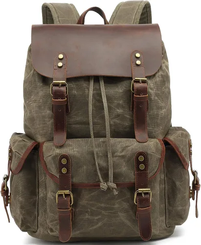 Vista 8 de HuaChen Mochila vintage de lona encerada con solapa de cuero genuino, mochila de viaje y trabajo, resistente al agua con bolsillo antirrobo, grande