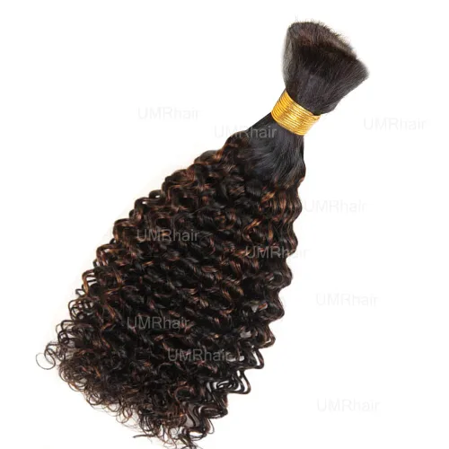 Vista 4 de Cabello humano rizado con reflejos marrones a granel para trenzar microtrenzas, cabello humano a granel, húmedo y ondulado, sin trama, cabello