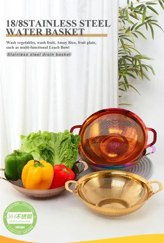 Vista 2 de Colador de acero inoxidable con asa y patas para pasta, espaguetis, bayas, verduras, frutas, fideos, ensaladas, colador de frutas, colador