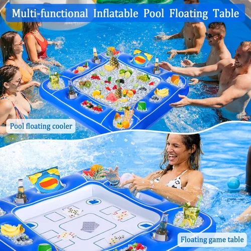 Vista 3 de Mesa de juego inflable para piscina con cartas impermeables (35.5 x 35.5 pulgadas, azul/blanco)