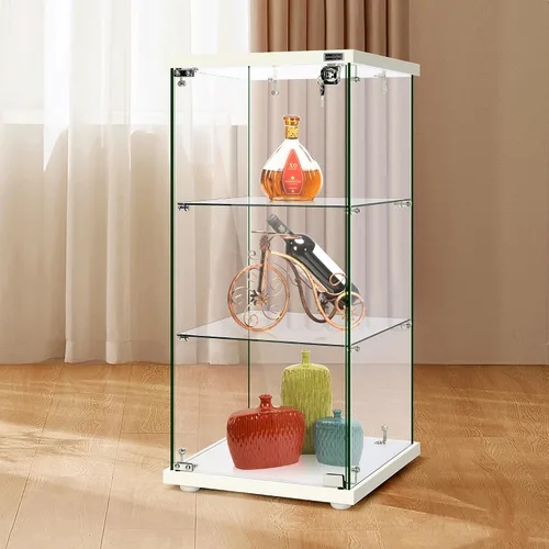 Vista 8 de VIVOHOME Gabinete de exhibición de vidrio de 2 capas con cerradura, 15.7" x 15.7" x 31.9" (ancho x profundidad x altura), vidrio templado, base