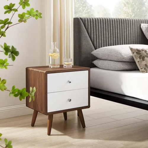 Vista 2 de Modway MOD-7017-WAL-WHI Mesita de noche con 2 cajones, color blanco nogal