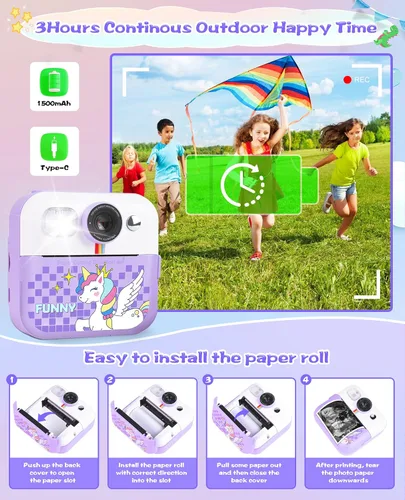 Vista 7 de Cámara de impresión instantánea, regalos de cumpleaños para niños y niñas, cámara de video digital HD 1080P para niños, juguetes para niñas de 4 a