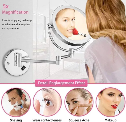 Vista 2 de Wall Mounted Makeup Mirror LED Touch Button Stepless Adjustable Light Double Sided 1X/5x Magnifying Vanity Mirror 360° Swivel Extendable for