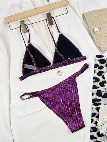 Vista 4 de YAUASOPA Bikini brillante para mujer, traje de baño de dos piezas con tanga