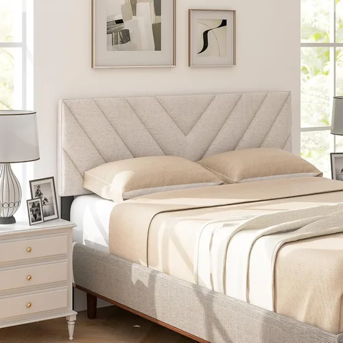 Vista 2 de KOMFOTT - Cabecera tapizada en tela de lino para cama tamaño Full/Queen, cabecera rectangular con patas de madera maciza y ancho ajustable, cabecera