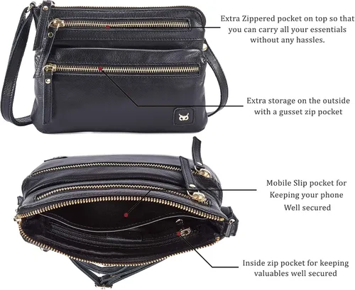Vista 3 de Wise Owl Accessories Bolso cruzado pequeño de cuero real con triple cremallera para mujer, bolso cruzado vintage de primera calidad