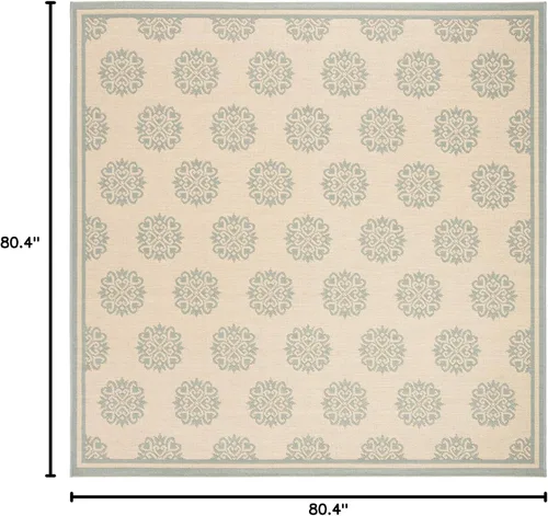 Vista 2 de SAFAVIEH Alfombra lavable al aire libre Linden Collection – 6 pies 7 pulgadas, cuadrada, crema y aguamarina, no desprende pelusa y fácil de limpiar