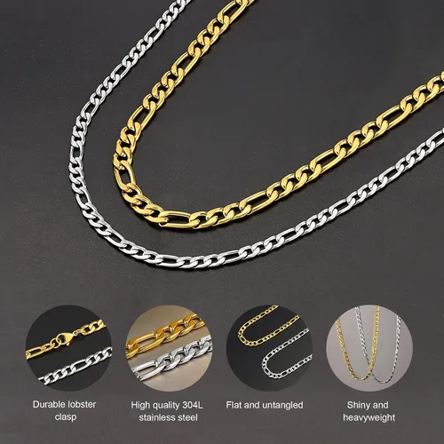 Vista 3 de SANNYRA Figaro Chain for Men, Mens Chains Necklaces, Stainless Steel 2-8.5mm 12-36inches 18K Gold Plated Silver Plated Necklace for Women Dorado