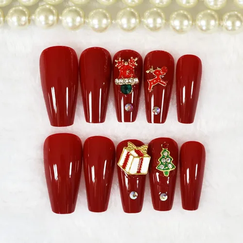Vista 5 de ELEVENAIL Uñas de Navidad con caja de regalo de dibujos animados de diamantes de imitación 3D, ciervo, árbol rojo, uñas postizas medianas largas