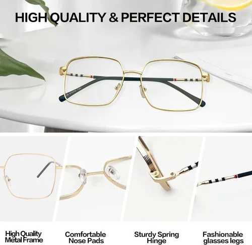 Vista 2 de Oversized Square Metal Reading Glasses Women, Large Anti Blue Light Computer Reader, Anti Eyestrain Eyewear