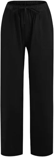 Vista 3 de iHHAPY Pantalones de lino con cordón de las mujeres pantalones largos pantalones de chándal sueltos pantalones de playa ligeros pantalones de verano