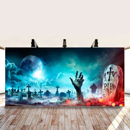 Vista 2 de Telón de fondo de Halloween para fotografía de cementerio de Halloween de 20 x 10 pies, telón de fondo de lápida de calavera aterradora, calabaza