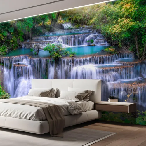 Vista 4 de wall26 Mural de pared extraíble mural de pared cascada escénica luz del sol río bosque naturaleza vida silvestre fotografía realismo paisaje rústico