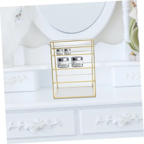 Vista 5 de Organizador de maquillaje de 5 capas, caja de almacenamiento de escritorio para lápiz labial, sombra de ojos, cosméticos, estética, cobre y vidrio