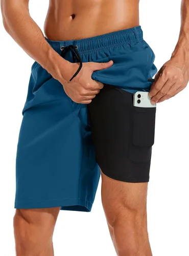 Vista 10 de Difficort - Traje de baño para hombre con forro de compresión, pantalones cortos de secado rápido con bolsillos con cremallera 1-a/ Rayas negras