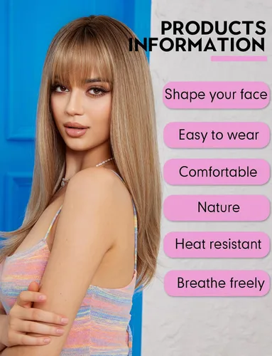 Vista 3 de Pelucas rubias cenizas para mujer, peluca larga recta en capas con flequillo, cabello sintético natural con raíces oscuras