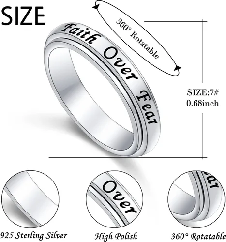 Vista 6 de Anillo de plata de ley 925 con texto en inglés God Jewelry grabado con texto en inglés Faith Over Fear Heart Cross, regalo religioso para mujeres