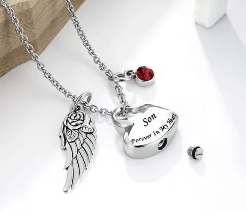 Vista 3 de Collar de urna de cremación de doble corazón viene con ala de ángel y 12 piedras natales para cenizas, colgante conmemorativo, Forever in My Heart