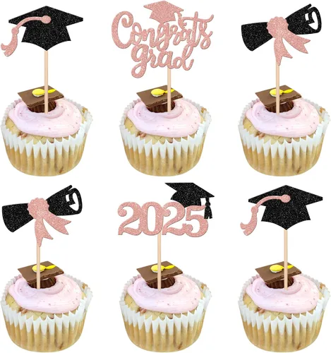Vista 47 de 24 piezas 2026 temáticas de graduación 2026 decoraciones para cupcakes con purpurina clase de 2026 Diploma Congrats 2026 Tapa de graduación