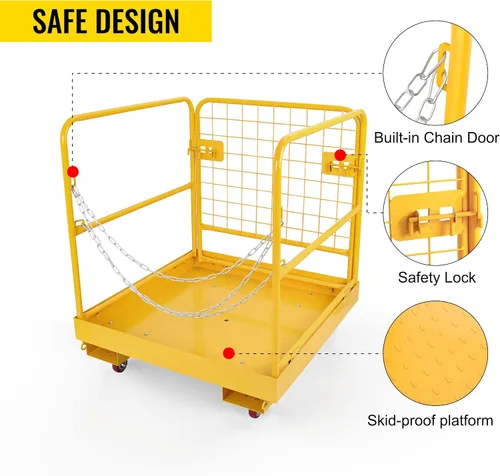 Vista 3 de Jaula de seguridad para carretilla elevadora de 36 x 36 pulgadas, cesta de elevación resistente con ruedas para trabajos aéreos, capacidad de 1200