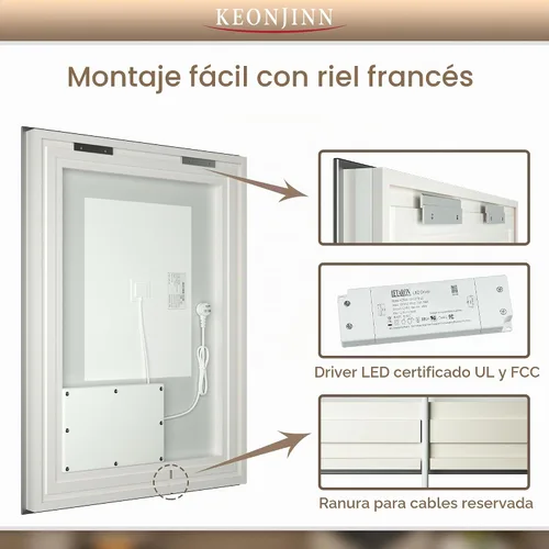 Vista 8 de Keonjinn Espejo de baño LED de 48 x 24 pulgadas con luz frontal