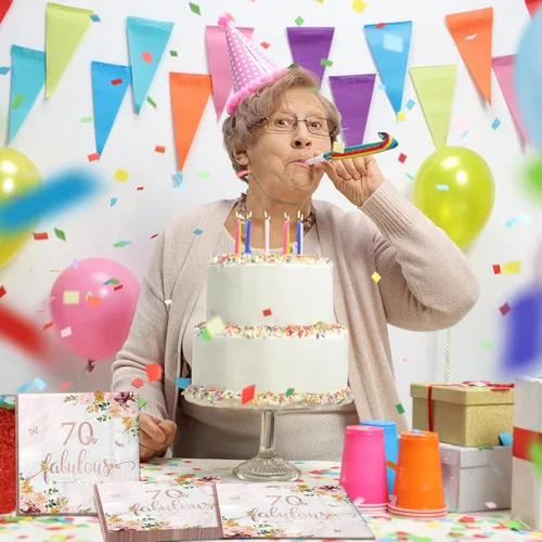 Vista 5 de Decoraciones de cumpleaños número 70 para mujer, 40 servilletas de papel falulous de color oro rosa, suministros de fiesta de cumpleaños
