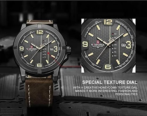 Vista 8 de NAVIFORCE Date Quartz Men Casual Militar Sports Japón Movimiento de cuarzo de cuero genuino Relojes de pulsera (amarillo)
