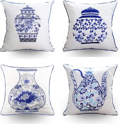 Vista 24 de Fundas de almohada bordadas, 4 girasoles de 18 x 18 pulgadas, diseño floral, 100% algodón, decoración del hogar, flores amarillas, 17.7 x 17.7 in, 1