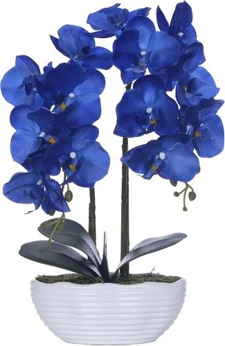 Vista 8 de Planta de orquídea artificial grande en maceta, arreglo floral de seda con jarrón de cerámica, morado oscuro