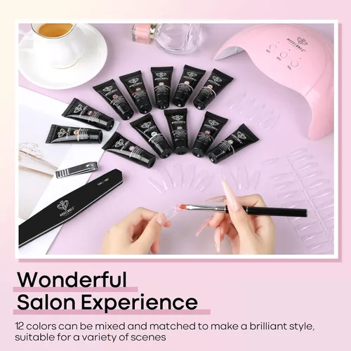 Vista 5 de Modelones - Juego de gel de extensión de uñas de polietileno, kit de gel de 12 colores con tonos rosa brillante y desnudo, para manicura francesa