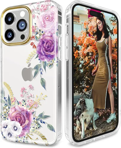 Vista 7 de Funda diseñada para iPhone 14 Pro con protector de pantalla + protector de lente de cámara, chapado en purpurina con flores, a prueba de golpes Azul