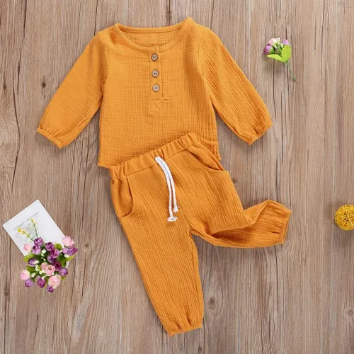 Vista 3 de Karuedoo Conjunto de pantalones de lino de algodón para bebé, niño, niña, camiseta de manga larga, con cordón, cintura elástica