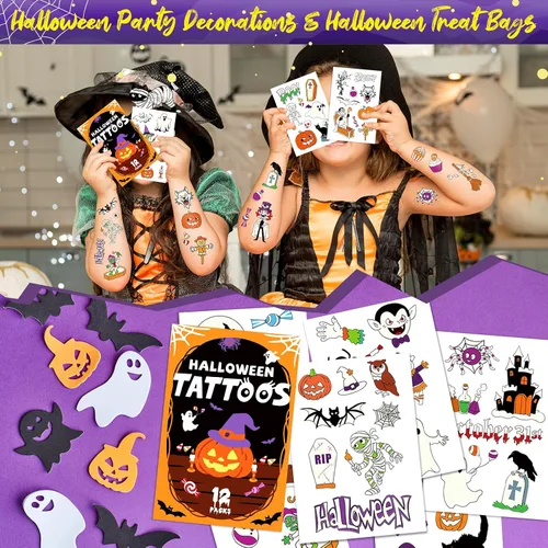 Vista 7 de Leesgel Decoraciones de Halloween – Tatuajes temporales para niños (12 hojas), calcomanías luminosas de tatuaje falso para niños y niñas, regalos