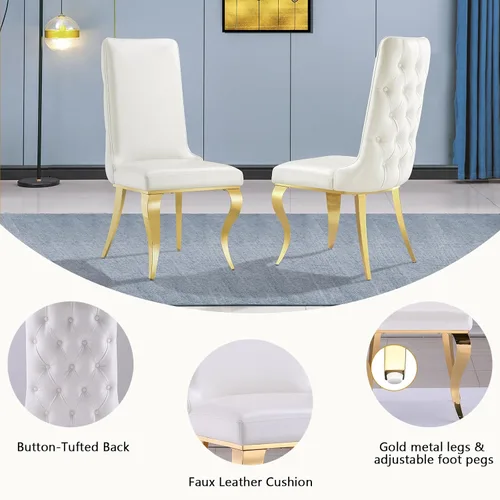 Vista 7 de AUZ Sillas de comedor blancas y doradas, sillas tapizadas de piel sintética blanca con respaldo copetudo y patas curvadas de acero inoxidable