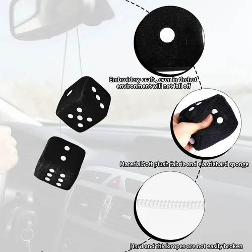 Vista 5 de Dados peludos para espejo retrovisor, dados negros peludos para espejo de automóvil, 2.75 pulgadas, par de dados colgantes cuadrados retro de felpa
