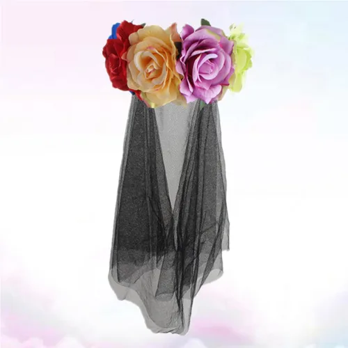 Vista 4 de Velo floral rosa rosa corona velo de Halloween velo negro novias tiara negra Halloween Cosplay accesorios diadema mexicana Día de los Muertos