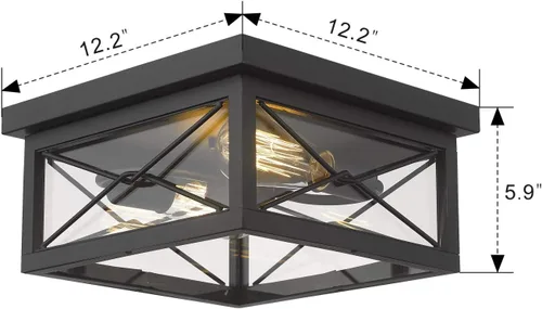 Vista 7 de Emliviar, lámpara de techo para interiores y exteriores, 0387B-CL Farmhouse metal cage with clear glass shade; 2 E26 bulbs; for kitchen, hallway