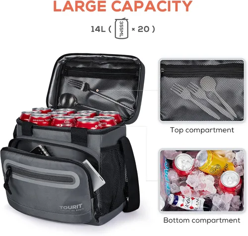 Vista 3 de TOURIT Lonchera grande de 14L con aislamiento para almuerzo, enfriador de comida para hombres y mujeres, color negro