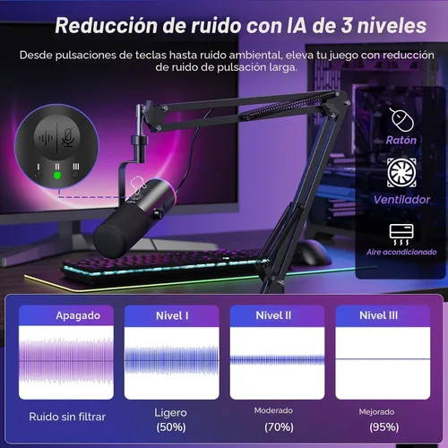Vista 2 de TONOR Micrófono dinámico para juegos, transmisión de micrófono XLR/USB, cancelación de ruido AI, RGB controlable, Tap Mute, conector