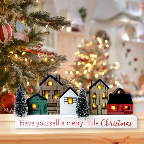 Vista 8 de Decoraciones de Navidad para el hogar, decoración de árbol de Navidad con temporizador de madera rústica de madera, bloque de mesa de granja