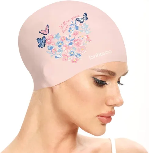 Vista 10 de Gorro de natación para mujer, gorra de natación de silicona para cabello largo con estampado de flores
