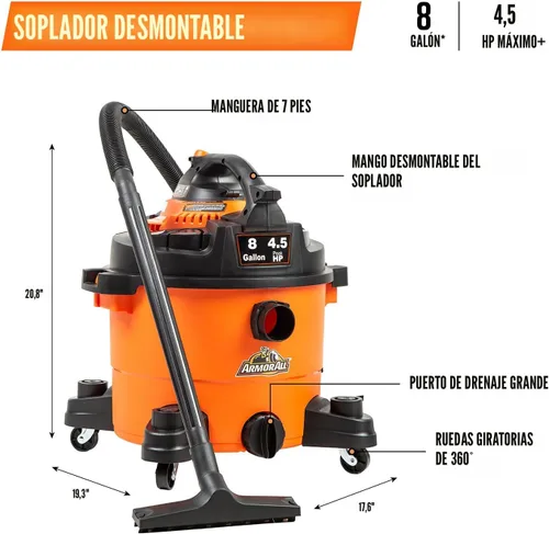 Vista 3 de Armor All VBV809 0901 - Aspiradora húmeda/seca de 8 galones y 4.5 HP con soplador desmontable, naranja
