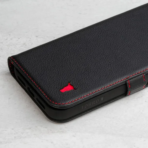 Vista 6 de TORRO Funda de cuero compatible con iPhone 14 Pro - Funda de piel auténtica tipo cartera con tarjetero y función atril (negro)